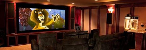 Cozy home cinema setup with popcorn machine