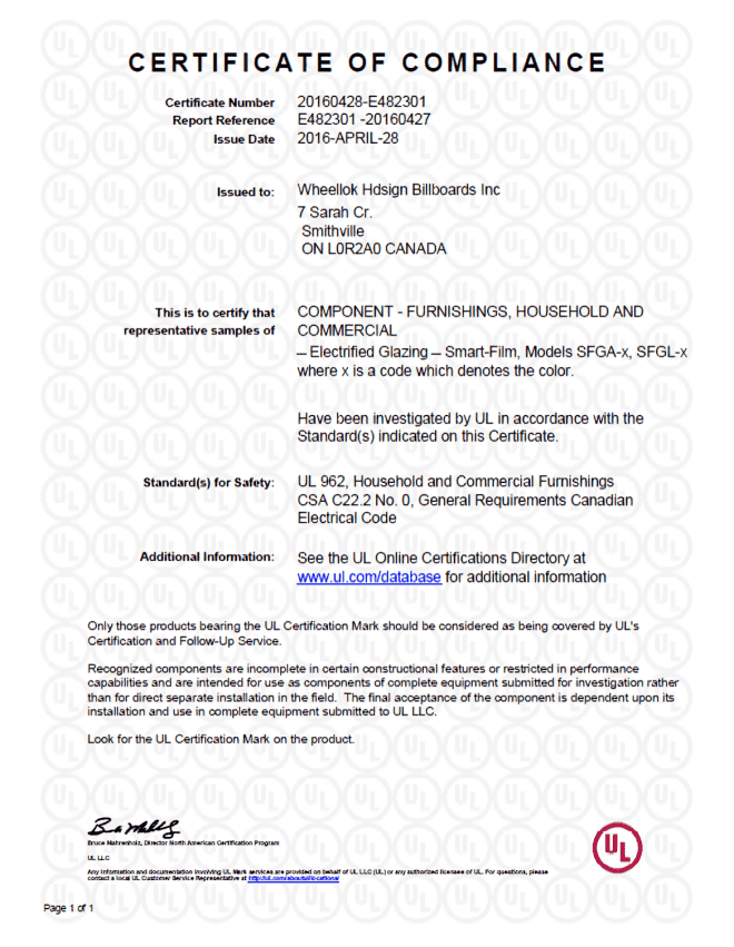 Compliance certificate for Wheelok Hdsign Billboards