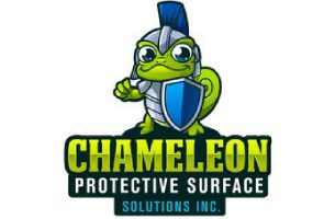 Chameleon mascot logo holding shield and text
