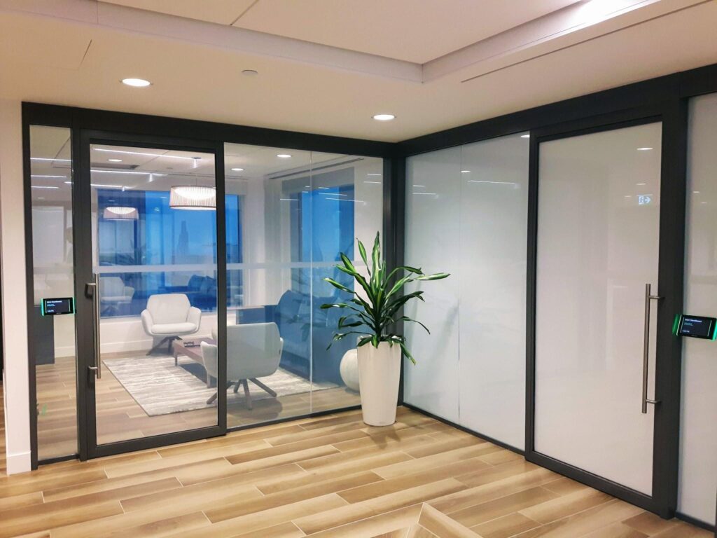 Smart film privacy glass used in office boardroom